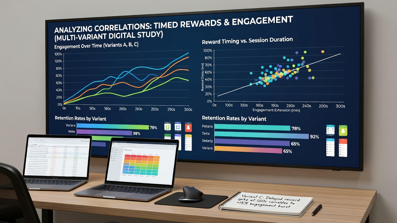 Graphs and charts displaying session duration data correlated with reward release timing in digital card rooms
