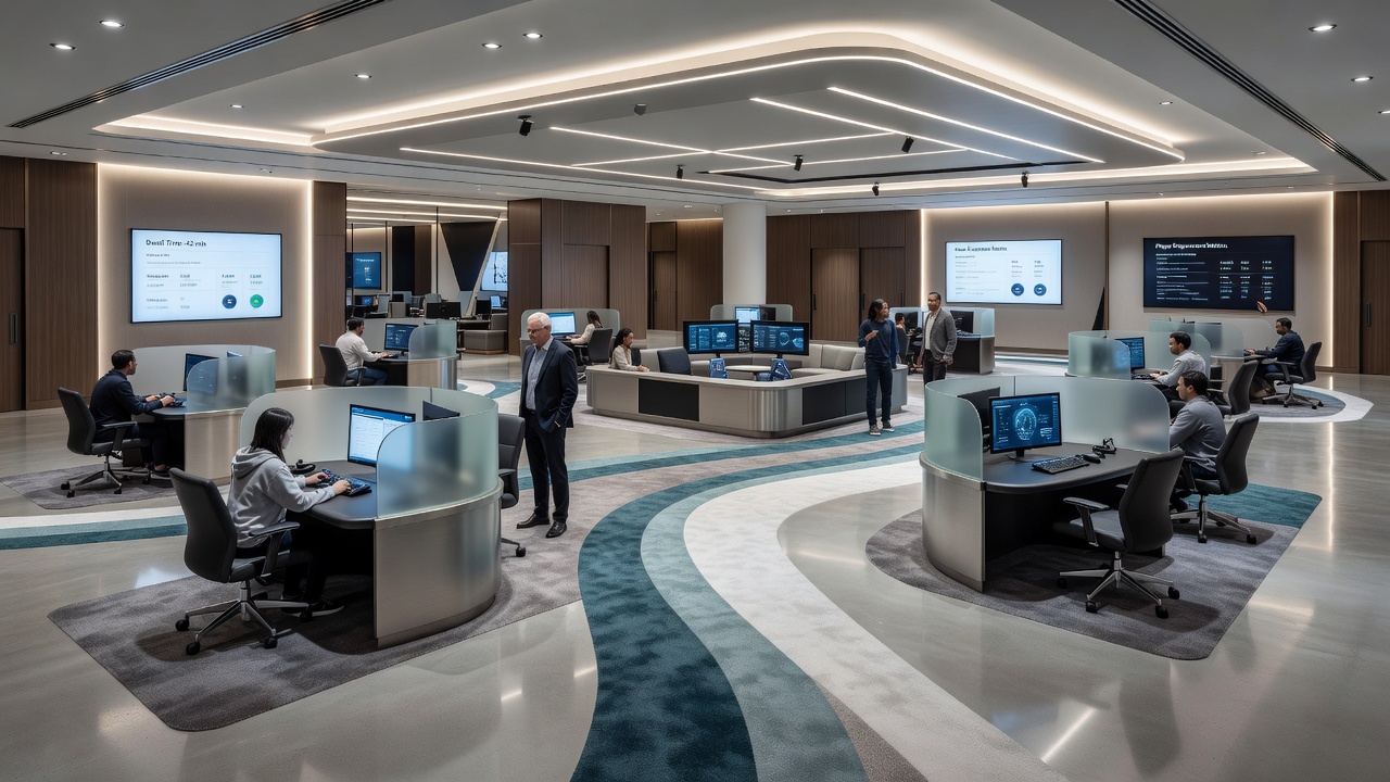 Detailed view of casino seating clusters, acoustic panels, and color-coded wayfinding elements influencing player movement
