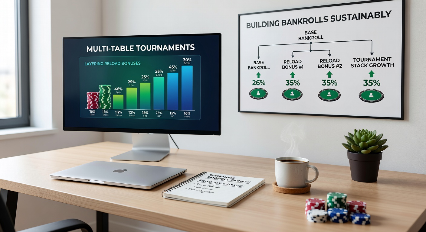 Digital graphic showing stacked poker chips next to tournament tables and bonus icons, illustrating bankroll growth strategies