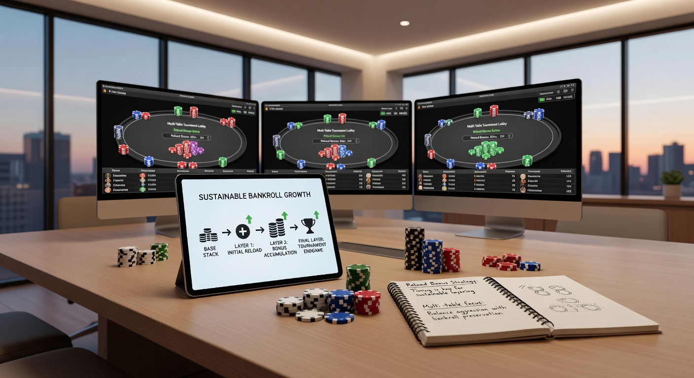Screenshot of a multi-table poker interface displaying reload bonus notifications amid ongoing MTT action
