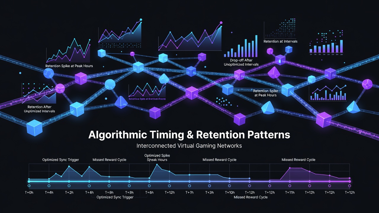 Network diagram illustrating algorithmic timing sequences across linked virtual gaming platforms and player retention flows