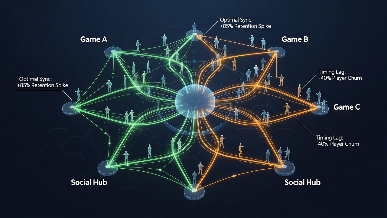 Data visualization of retention curves influenced by algorithmic timing adjustments in virtual gaming networks