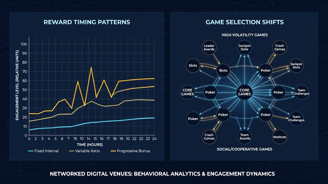 Analytics dashboard showing game selection transitions and reward timing correlations in digital venues