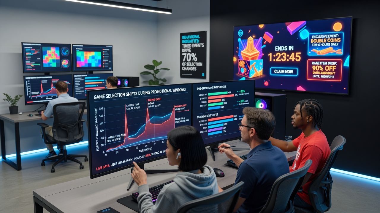 Analytics dashboard showing game selection changes and player activity spikes during promotional windows