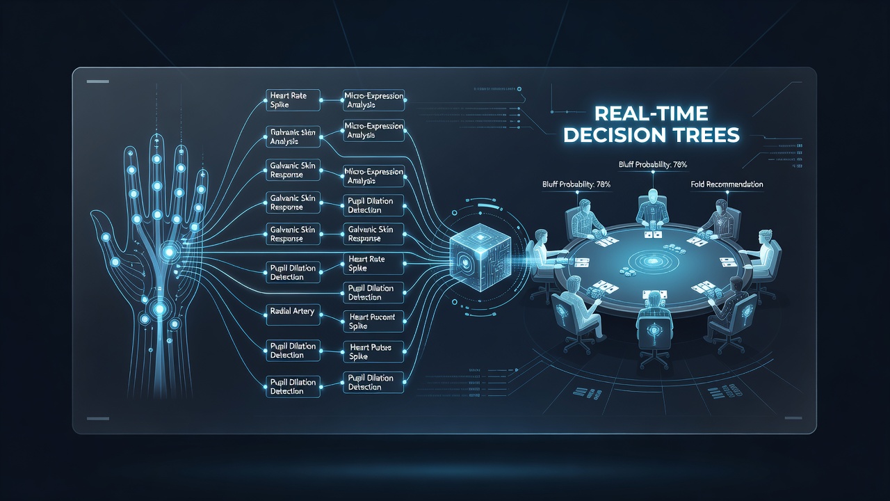 Decision tree flowchart overlaid on a multi-jurisdictional poker network map with biometric nodes