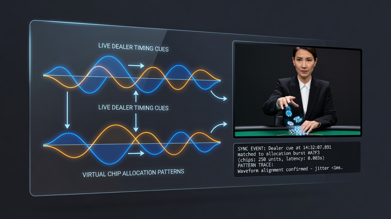 Network diagram illustrating synchronization points between live dealer cues and virtual chip systems across borders