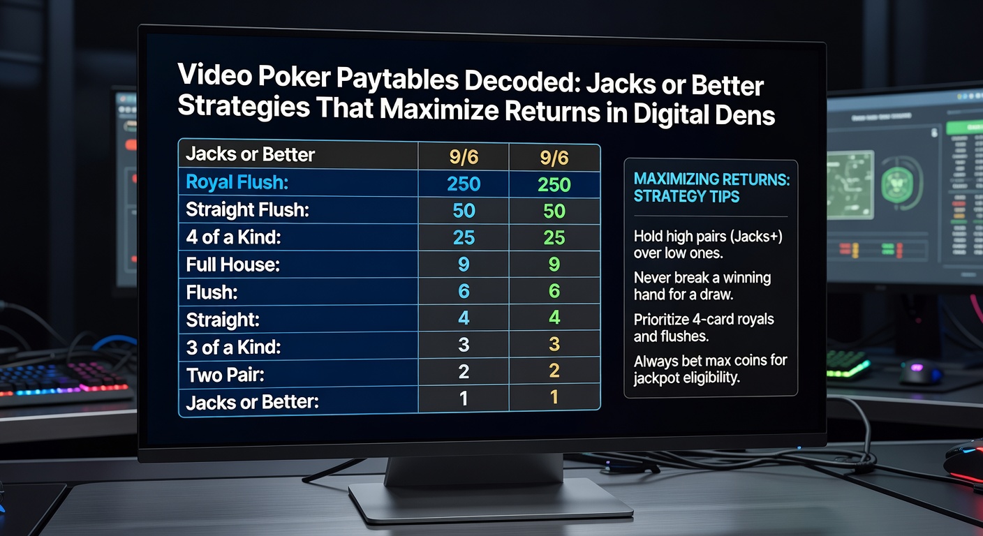 Close-up of a video poker machine screen displaying a Jacks or Better paytable with highlighted payouts for various hands